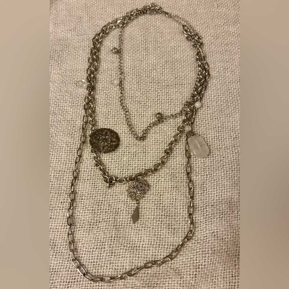 Vintage-Style Layered Chain Necklace with Filigree & Stone Charms